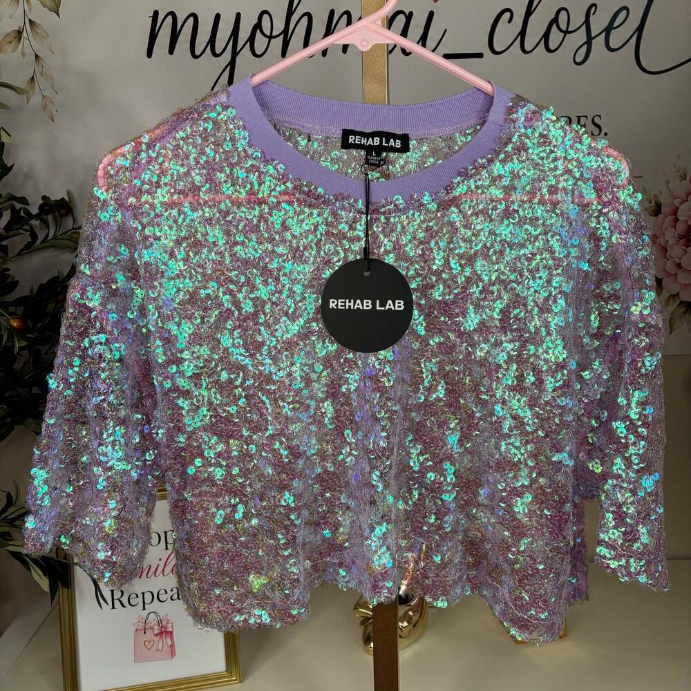 Rehab Lab Iridescent Sequin Sheer Short Sleeve Crop Top Women’s
